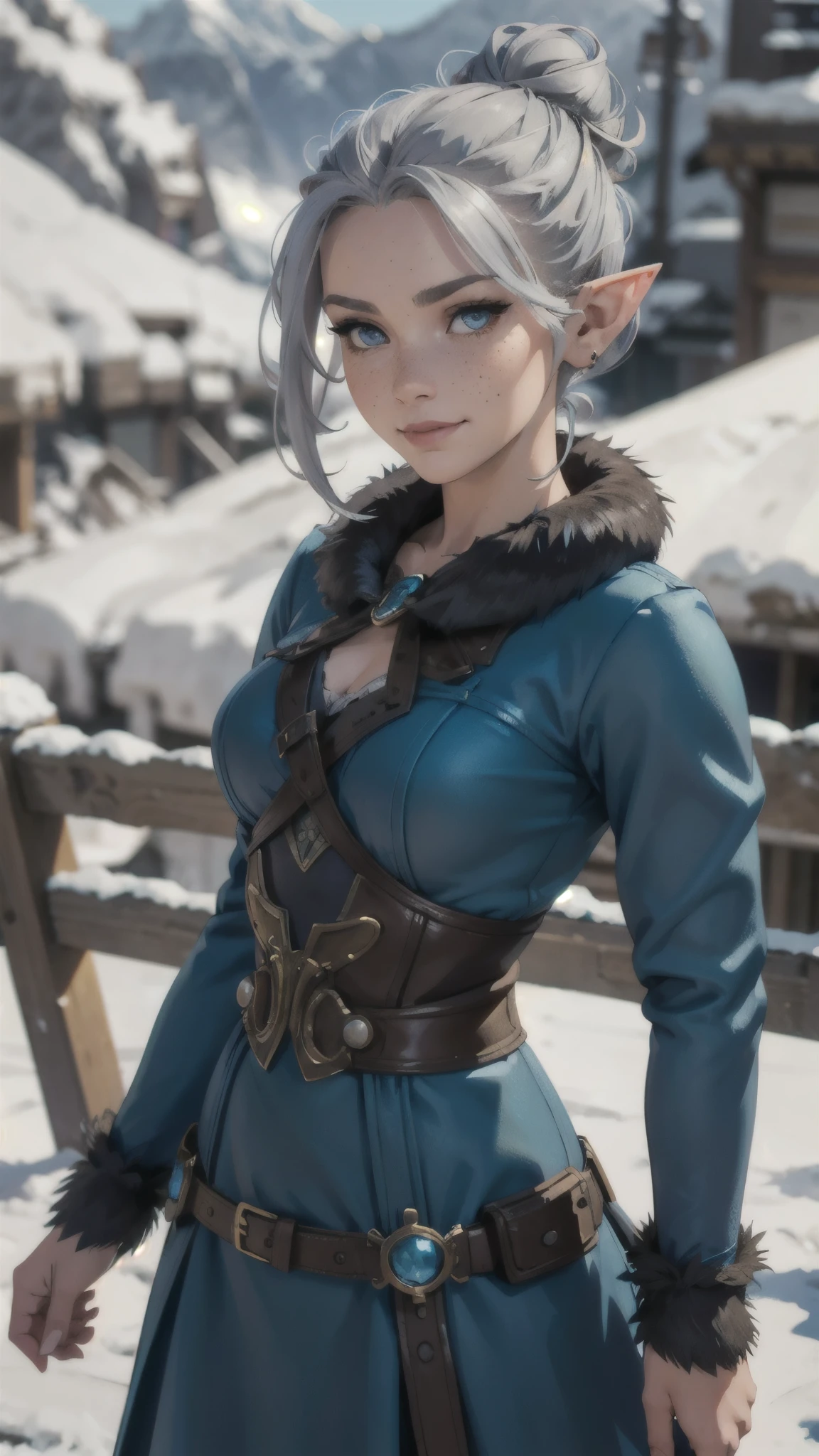 steampunk beautiful elf, silver hair in a messy bun, detailed face, light freckles, smirk, blue brown fur dress, early morning, snowy mountains, depth of field, blurry background
