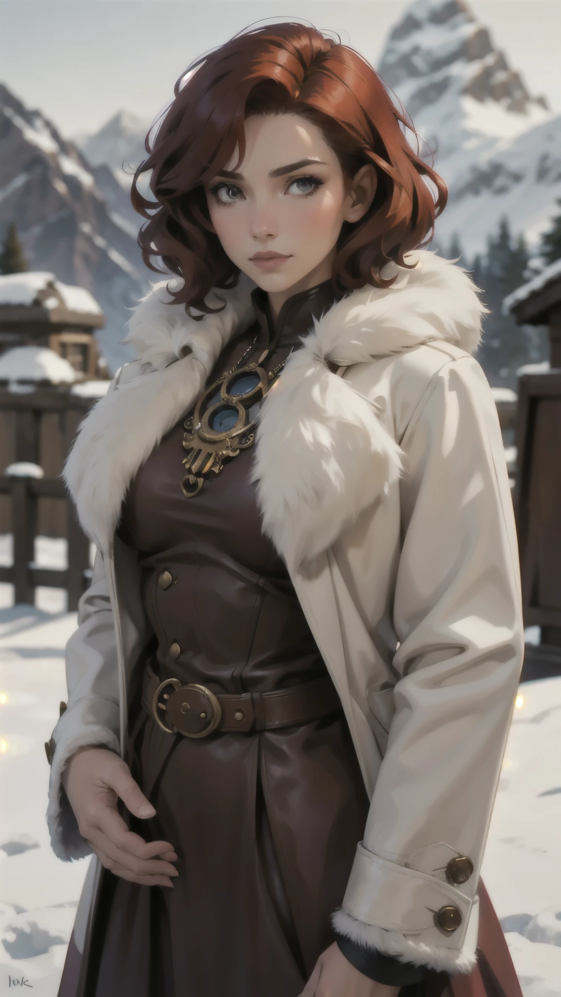 steampunk woman, short curly red hair, ivory fur coat, detailed face, early morning, snowy mountains, depth of field, blurry background
