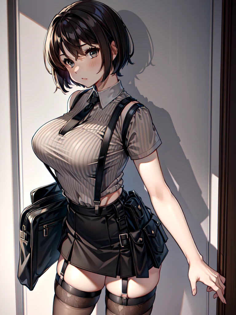 Black Skirt, Tank top　suspenders, Brown short hair, Grey Eyes, holster, Garter belt on the legs, moderate chest and tight clothes, both sides　　behind　No Bra Belt