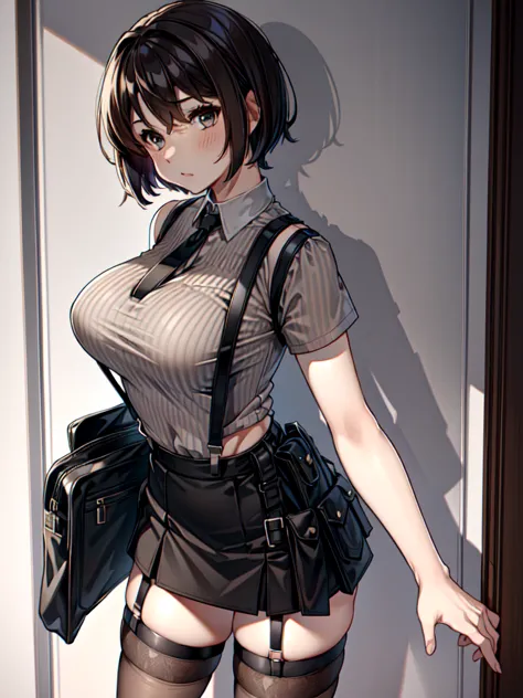 black skirt, tank top　suspenders, brown short hair, grey eyes, holster, garter belt on the legs, moderate chest and tight clothe...