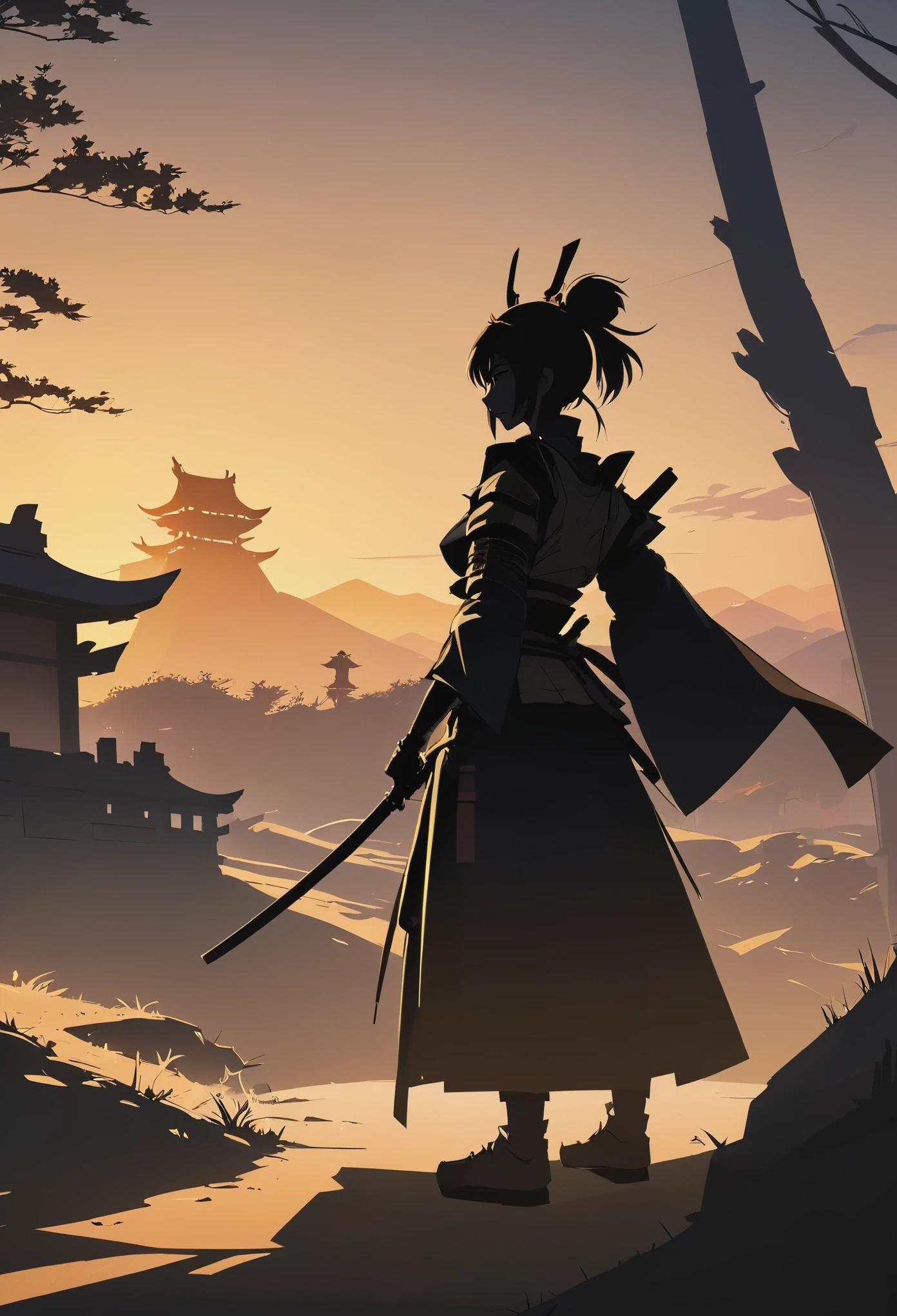 shadow minimalism, anime style, 1samurai, woman, beautiful, golden hour, scenery, in a old battlefield