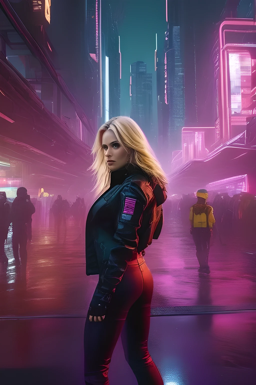 masterpiece, 4k, high resolution, beautiful, ultra-detailed (cinematic shot, panoramic, wide angle camera) a woman, 30 years old, futuristic space mercenary (long blonde hair, black eyes, athletic body, angry look) wears a black jacket, red top, black pants, walks in the middle of a futuristic post-apocalyptic city, illuminated by neon yellow, red, green, purple and pink lights, in a nighttime environment