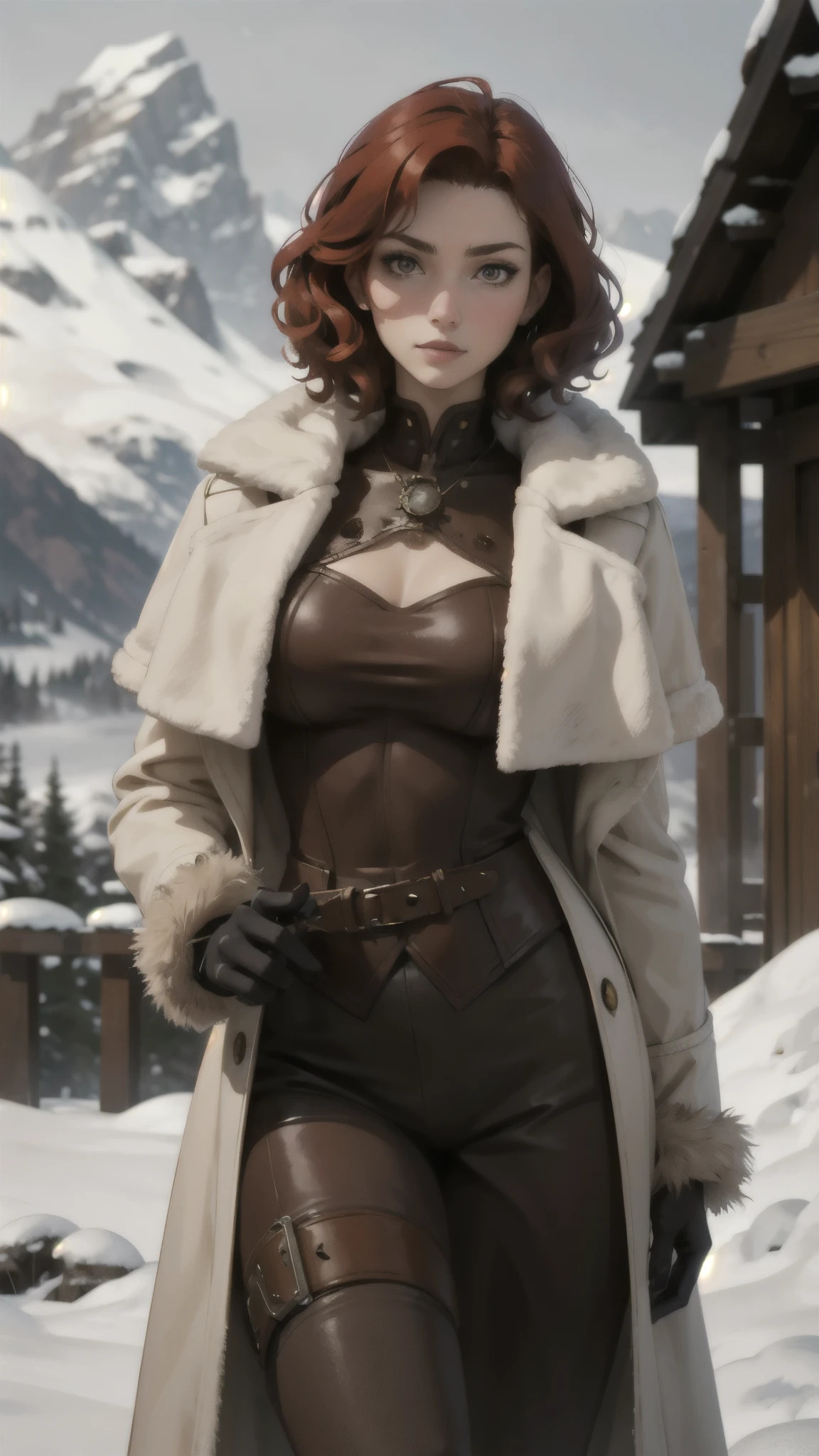 steampunk woman, short curly red hair, ivory fur coat, detailed face, early morning, snowy mountains, depth of field, blurry background
