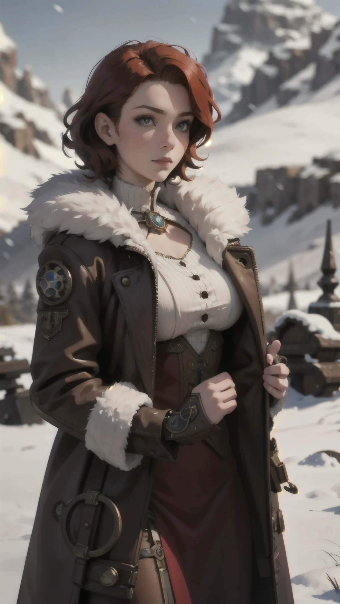 steampunk woman, short curly red hair, ivory fur coat, detailed face, early morning, snowy mountains, depth of field, blurry background
