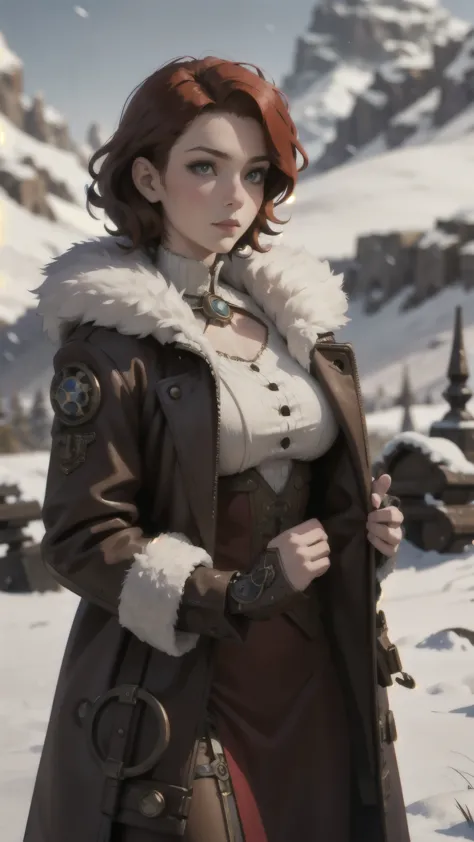 steampunk woman, short curly red hair, ivory fur coat, detailed face, early morning, snowy mountains, depth of field, blurry bac...