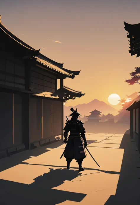 shadow minimalism, anime style, 1samurai, beautiful, golden hour, scenery, in a old battlefield