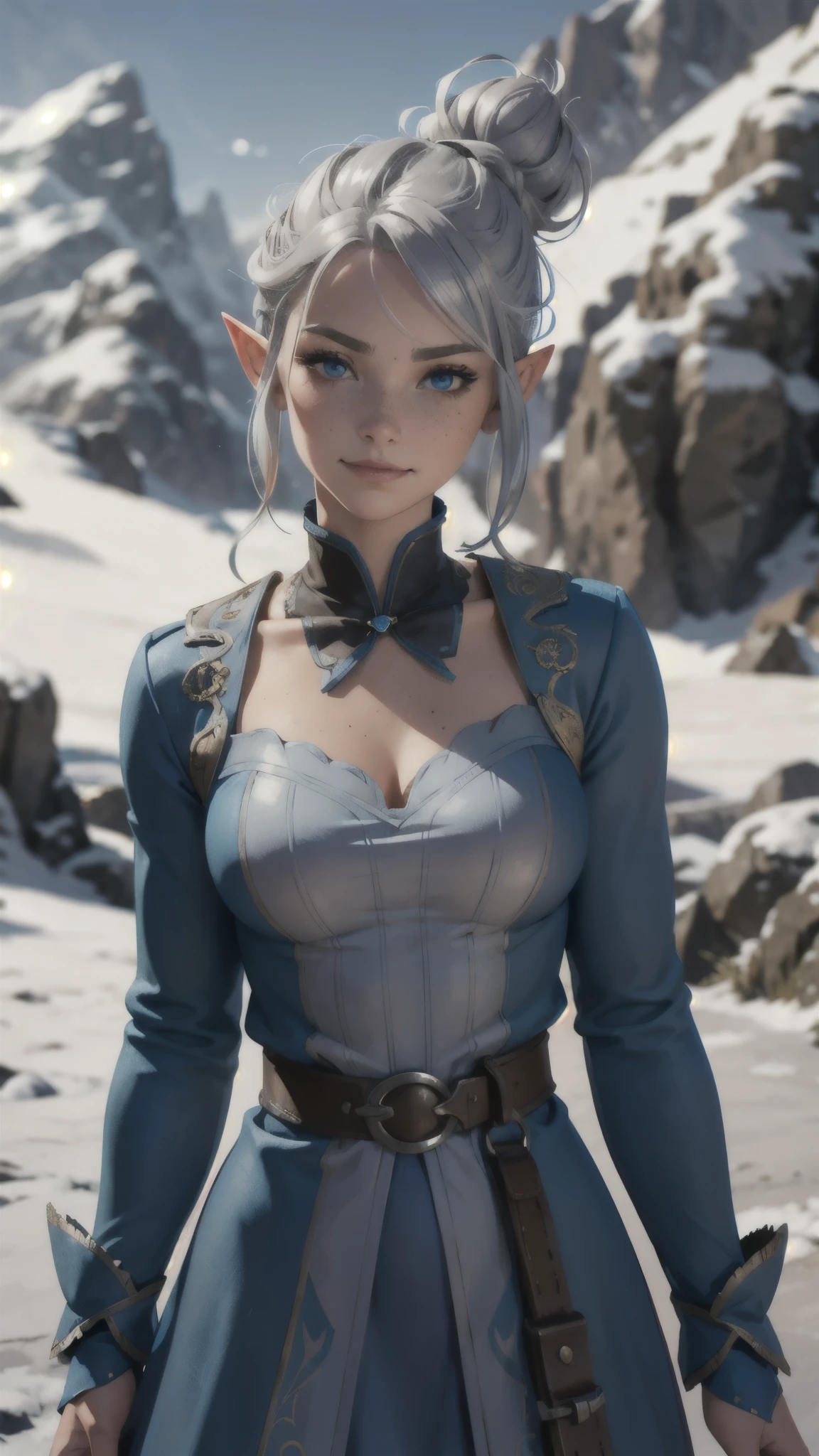 steampunk beautiful elf, silver hair in a messy bun, detailed face, light freckles, smirk, blue brown fur dress, early morning, snowy mountains, depth of field, blurry background
