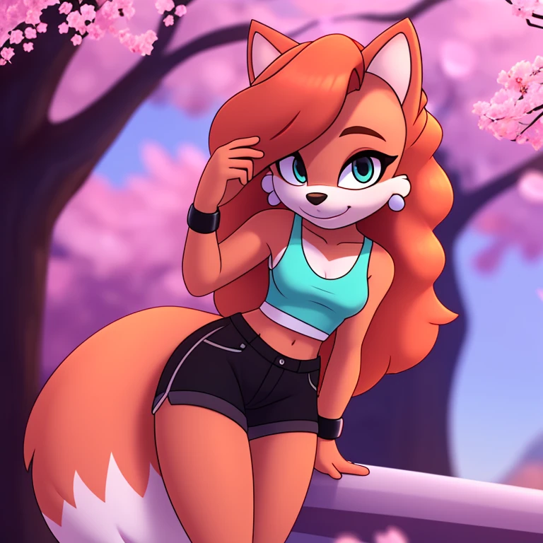 1girl, light pink fur, cat, long pink curly hair, masterpiece, (white tank top:1.4), bra straps, 4k, black shorts, purple wrist rings, turquoise eyes, earrings, fluffy tail, cherry blossoms