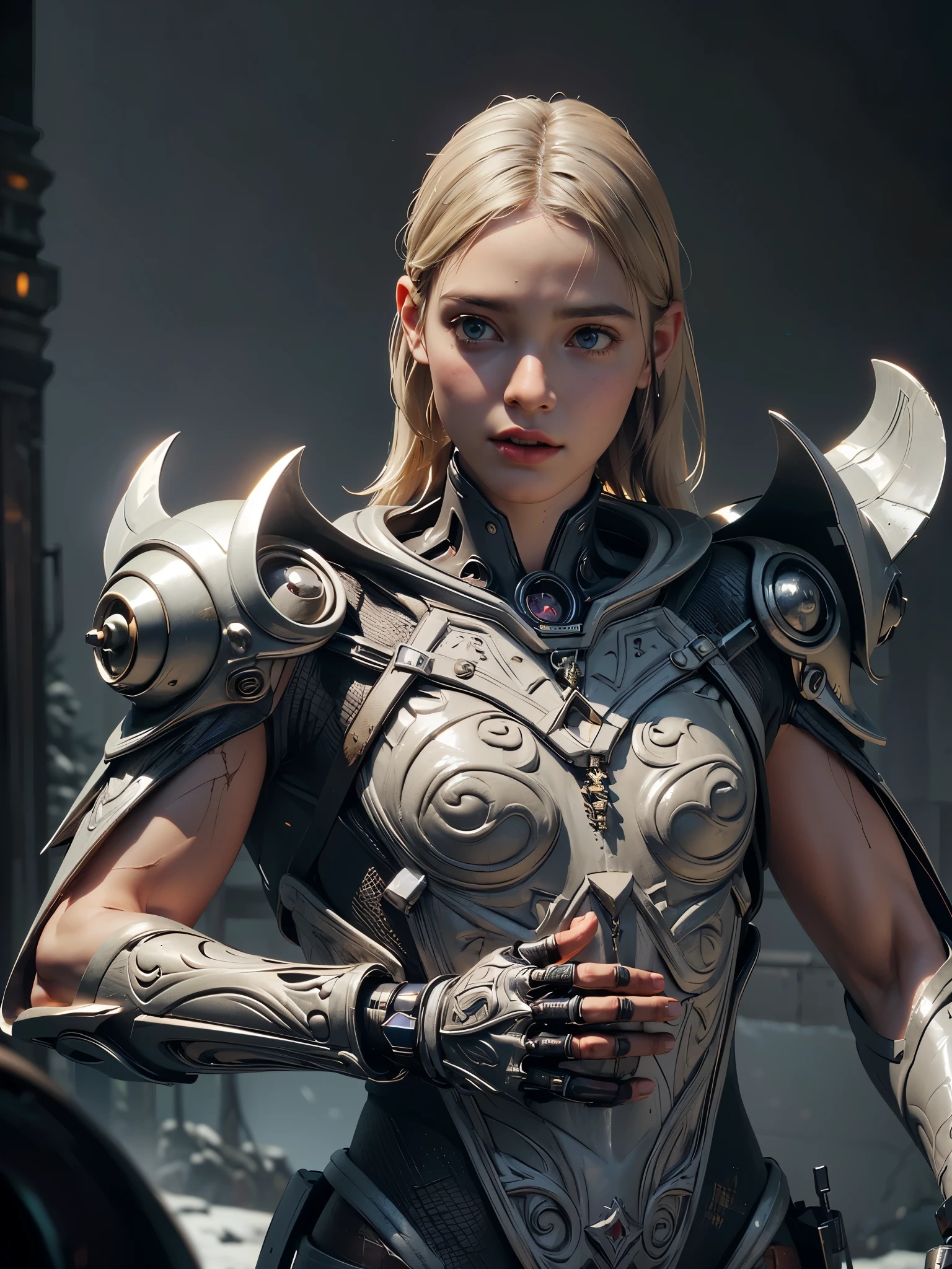 ((Remove extra finger, complete the texture of the armor)). blonde woman in armor with horns and sword in a dark setting, girl in knight&#39;s armor, picture of a female paladin, gorgeous female paladin, unrealistic rendering on the engine + goddess, Imogen Poots as D&d paladin, Unreal engine&#39;, Unreal character engine, Imogen Poots as Paladin, made on Unreal Engine 5