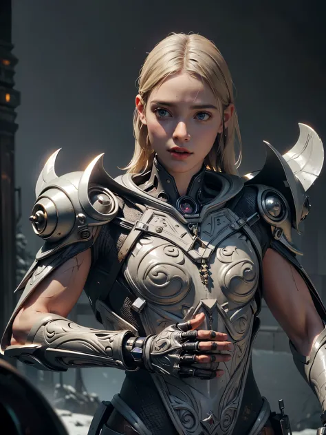 ((Remove extra finger, complete the texture of the armor)). blonde woman in armor with horns and sword in a dark setting, girl i...