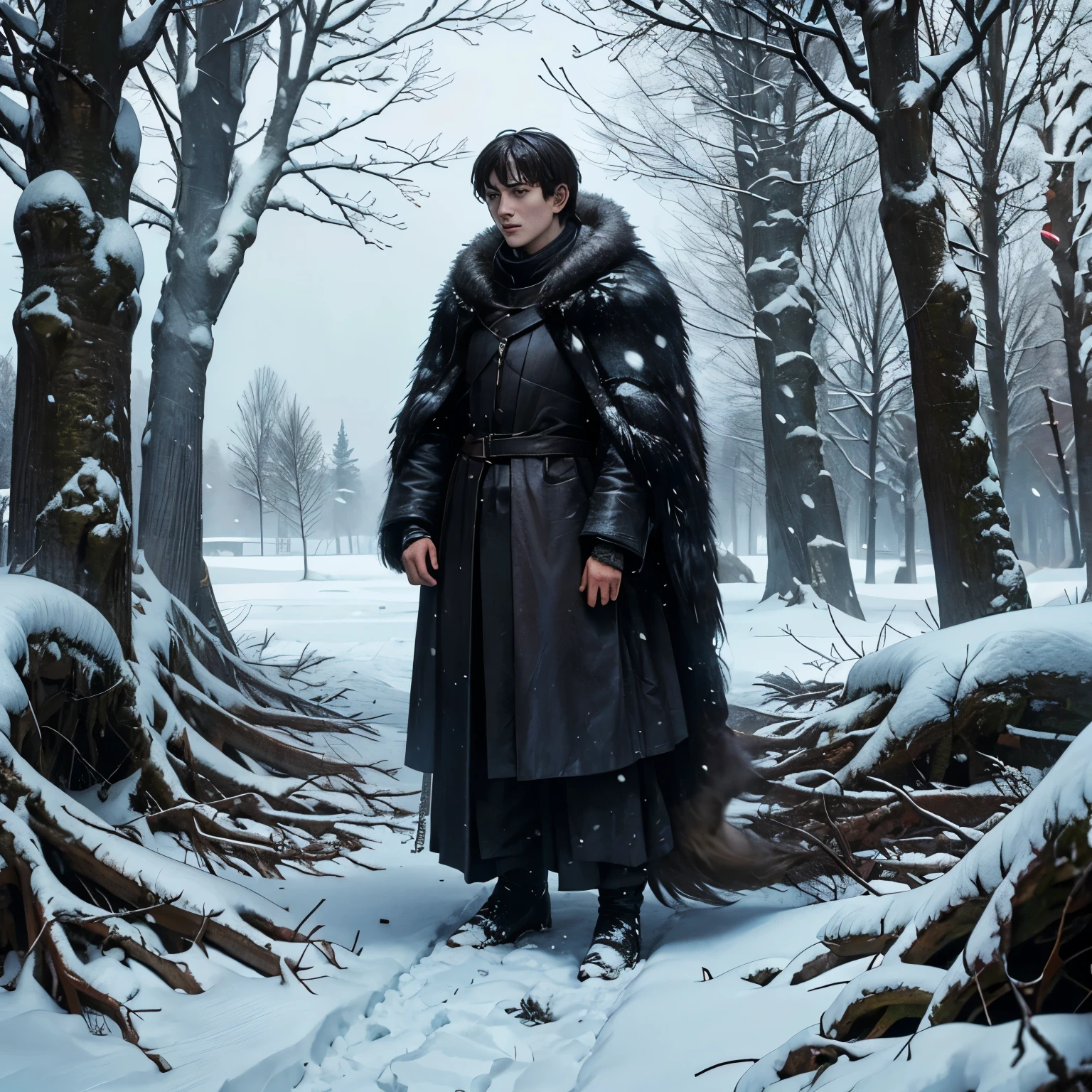 Bran stark Standing cold and rigid in a windy weather full of snow. He is found inside the giant tree full of roots, around him his wolf, as well as his strangeness, and he sees everything everywhere, and he knows that he has a great challenge, as he is the salvation of the human world. 