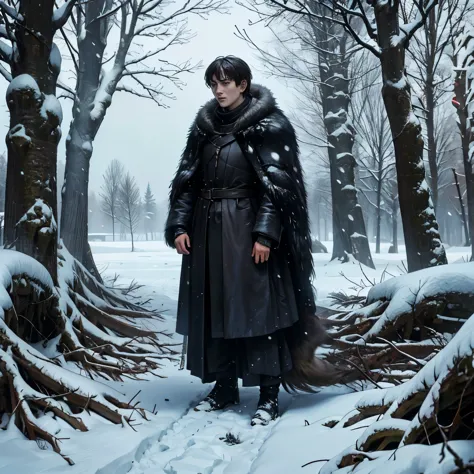 bran stark standing cold and rigid in a windy weather full of snow. he is found inside the giant tree full of roots, around him ...