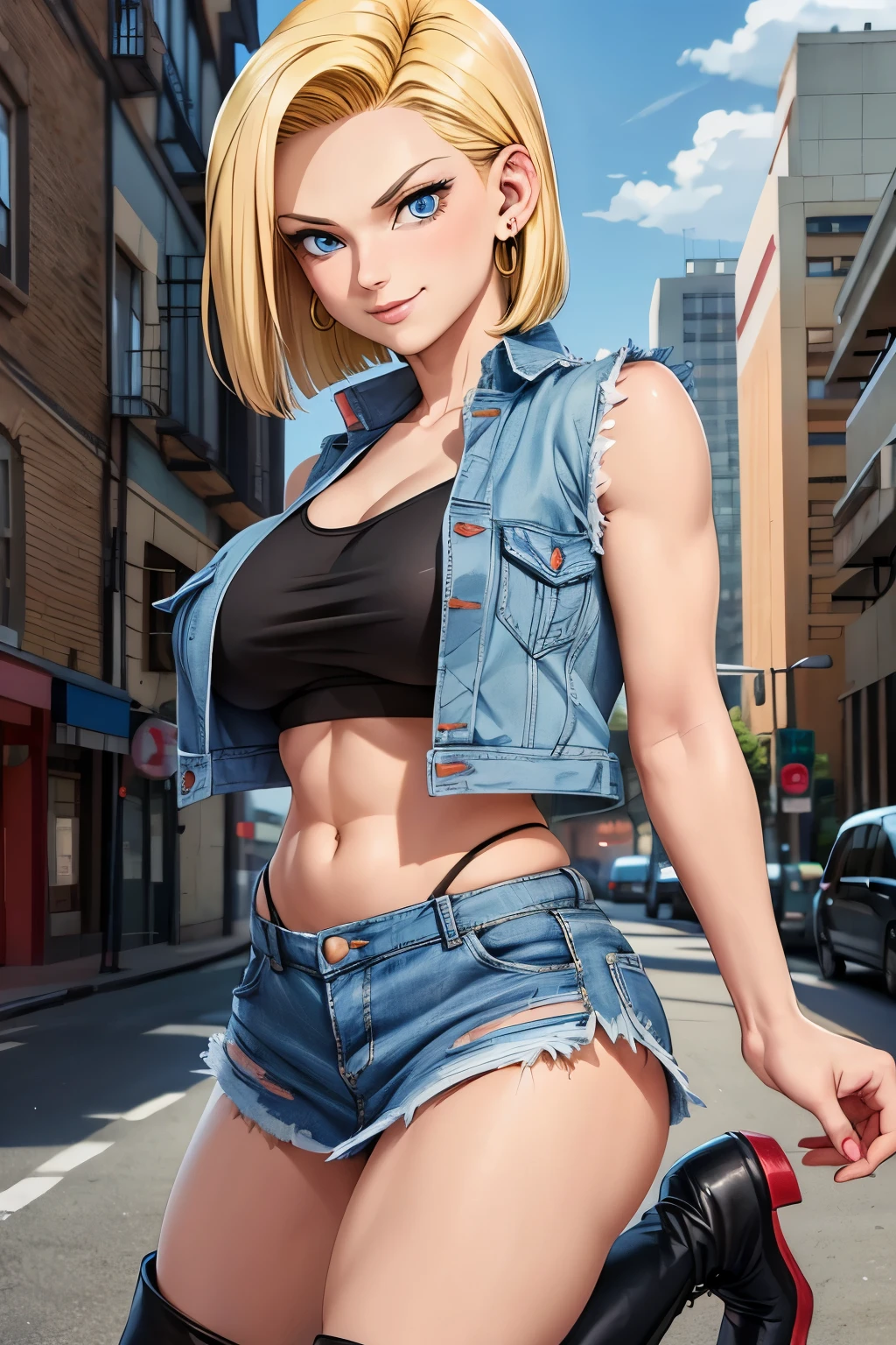 Best Quality, Android 18, Solo, Blonde hair, Blue eyes, Short hair, A smile, earrings, Jewelry, Denim Vest, open vest, black bra, Denim miniskirt, Black knee-high boots, huge breasts, buttocks sticking out and turning around, Street