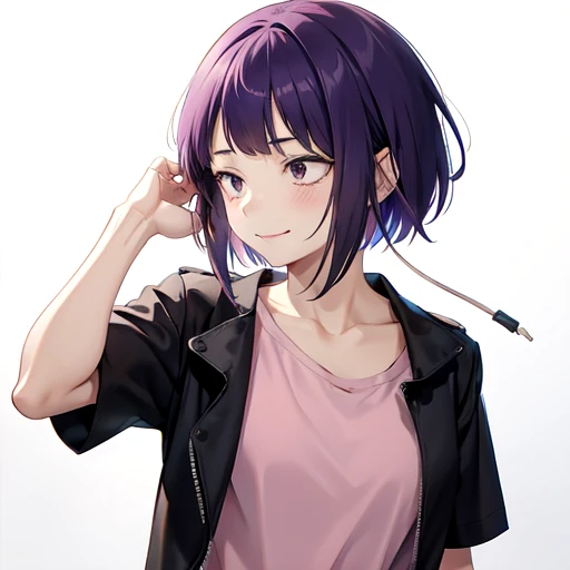 kyoka jiro, 1girl, solo, breasts, blush, short hair, bangs, simple background, shirt, white background, closed mouth, purple eyes, collarbone, upper body, purple hair, short sleeves, blunt bangs, t-shirt, pink shirt, long earlobes, smiling assuringly, black jacket unzipped, black jacket on, casual,