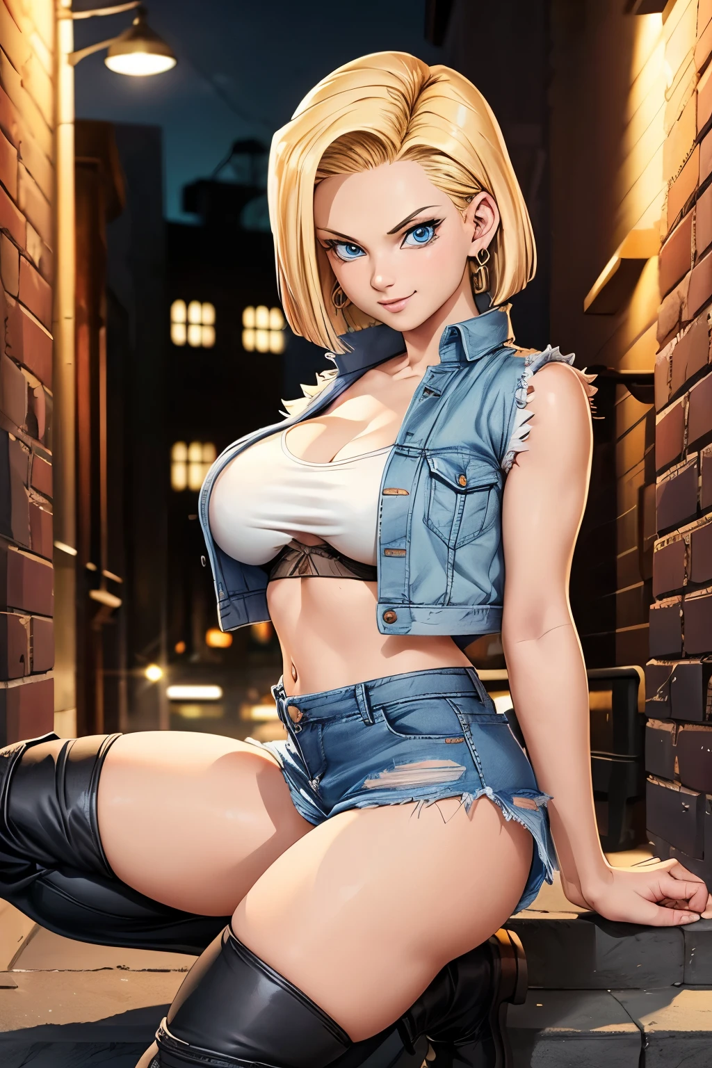 Best Quality, Android 18, Solo, Blonde hair, Blue eyes, Short hair, A smile, earrings, Jewelry, Denim Vest, open vest, black bra, Denim miniskirt, Black knee-high boots, huge breasts, buttocks sticking out, Street, night