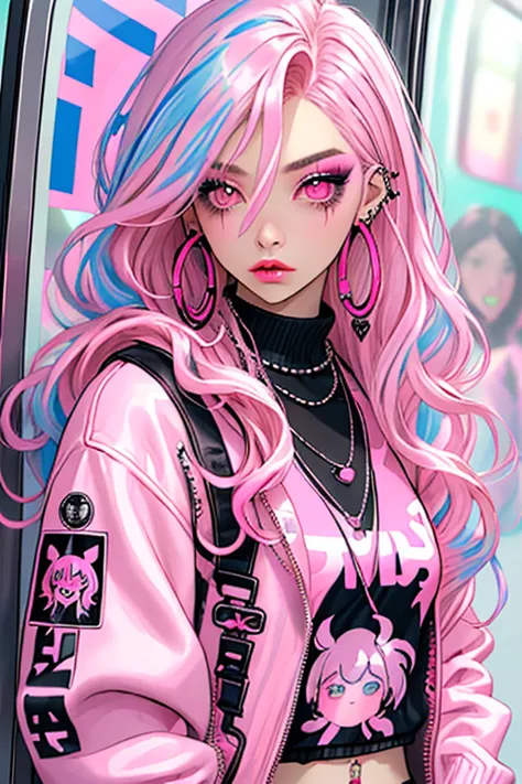 Niji Style, 1girl, solo, long hair, jewelry, jacket, pink hair, earrings, pink iris, necklace, sweater, eyelashes, makeup, wavy ...