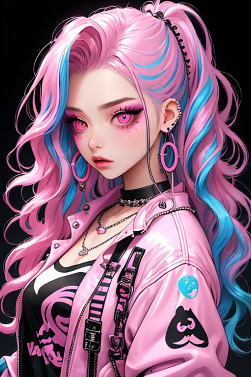 Niji Style, 1girl, solo, long hair, jewelry, jacket, earrings, pink iris, necklace, eyelashes, makeup, wavy hair, piercing, lipstick, ear piercing, eyeshadow, hoop earrings, multicolored eyes, rebellious pink theme, pink eyeshadow, (background: subway), from side, looking at viewer, full shot
