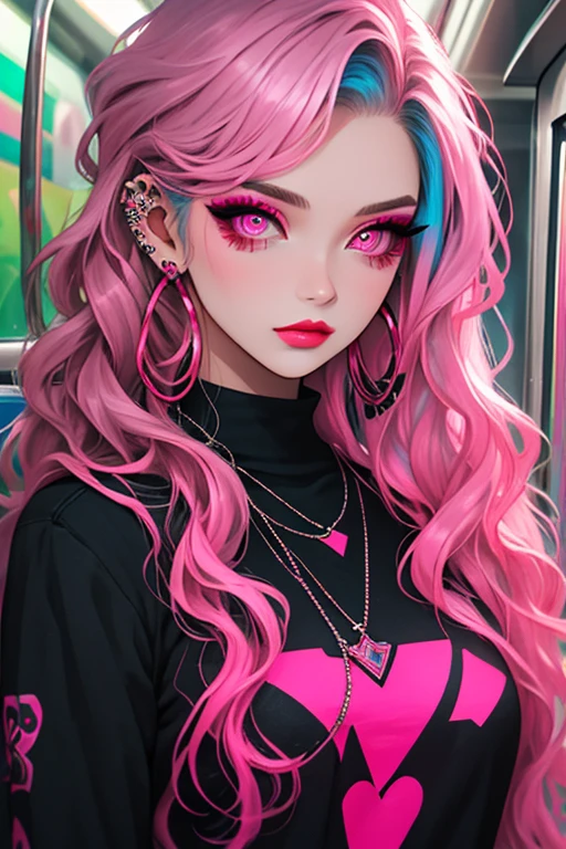 Niji Style, 1girl, solo, long hair, jewelry, earrings, pink iris, necklace, eyelashes, makeup, wavy hair, piercing, lipstick, ear piercing, eyeshadow, hoop earrings, multicolored eyes, rebellious pink theme, pink eyeshadow, (background: subway), looking at viewer, full shot
