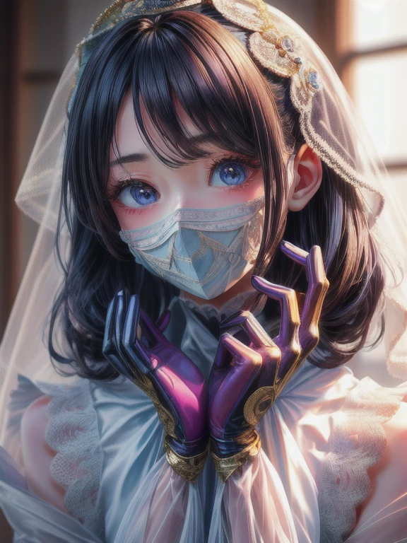 detailed: With great care描かれた流れるような巻き毛、(Translucent and intricately embroidered) Supermodel covering her face with a lace face veil、(mouth is hidden)、Wearing avant-garde, futuristic fashion、Luxurious and intricate gold accents、photo shoot、Exquisitely crafted、Created、With great care、Magnificently and、最高レベルのdetailed、Very impressive、With a blurred effect、Professional photos。