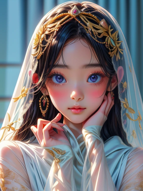 detailed: With great care描かれた流れるような巻き毛、(Translucent and intricately embroidered) Supermodel covering her face with a lace face veil、(mouth is hidden)、Wearing avant-garde, futuristic fashion、Luxurious and intricate gold accents、photo shoot、Exquisitely crafted、Created、With great care、Magnificently and、最高レベルのdetailed、Very impressive、With a blurred effect、Professional photos。