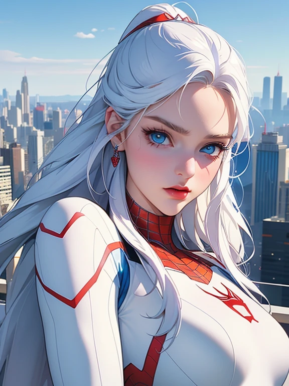 (masterpiece, 4K resolution, Ultra-realistic, Very detailed), (White costume superhero theme, Charismatic, Girl on top of the city, Wearing a white Spiderman costume, Super Heroine), [((23 years old), (Long white hair:1.2), whole body, (blue eyes:1.2), (Spiderman&#39;s Dynamic Pose) ((shortage々New urban environment):0.8)| (Cityscape, at night, Dynamic Light), (full moon))]