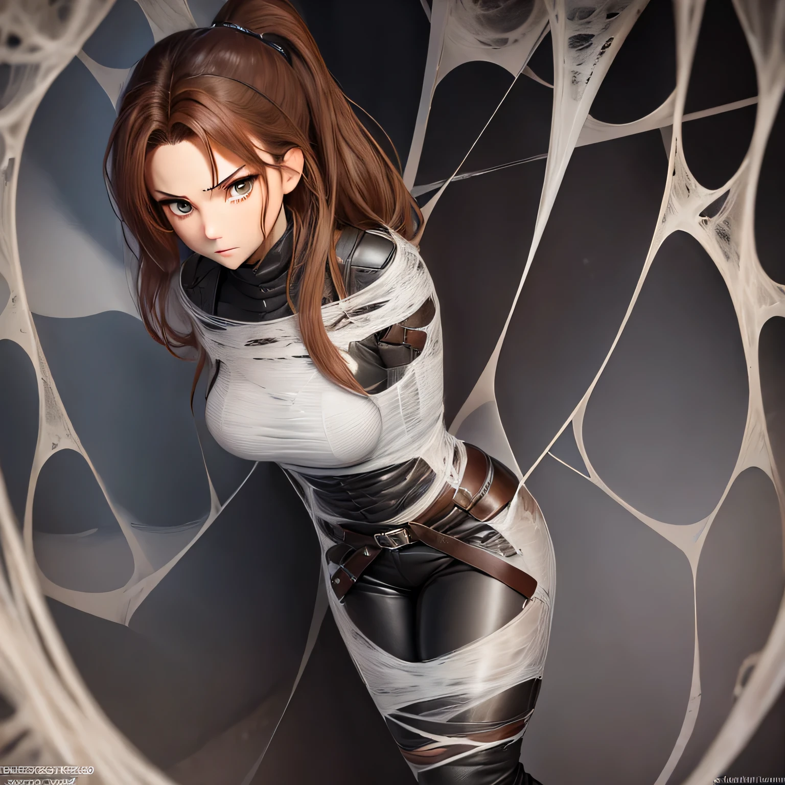 a light brown pinned up haired female thief wo is wearing black ribbed long sleeve top and leather trousers, black gloves,captured by the spider in the cobweb,scared look,sexy look,bound,spider web,cocoon