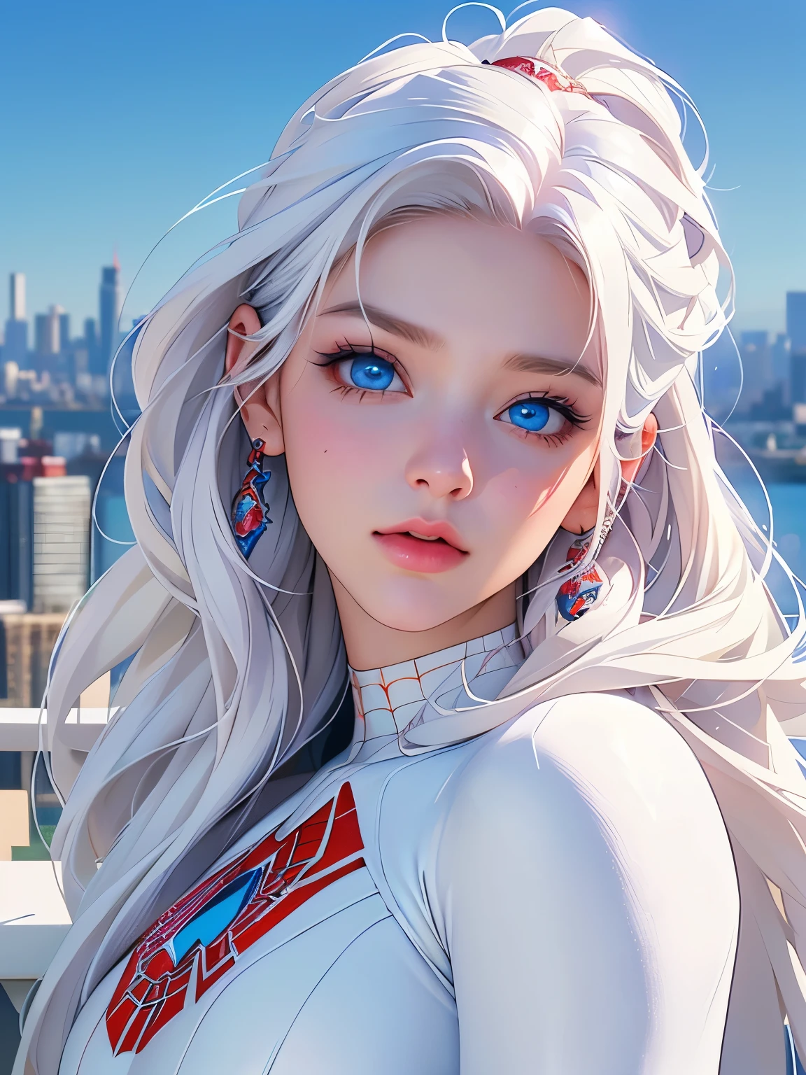 {{masterpiece、highest quality、(((Realistic、Realistic:1.37)))、8K quality}}, (White costume superhero theme, Charismatic, Girl on top of the city, Wearing a white Spiderman costume, Super Heroine), [((23 years old), (Long white hair:1.2), whole body, (blue eyes:1.2), (Spiderman&#39;s Dynamic Pose) ((shortage々New urban environment):0.8)| (Cityscape, at night, Dynamic Light), (full moon))]