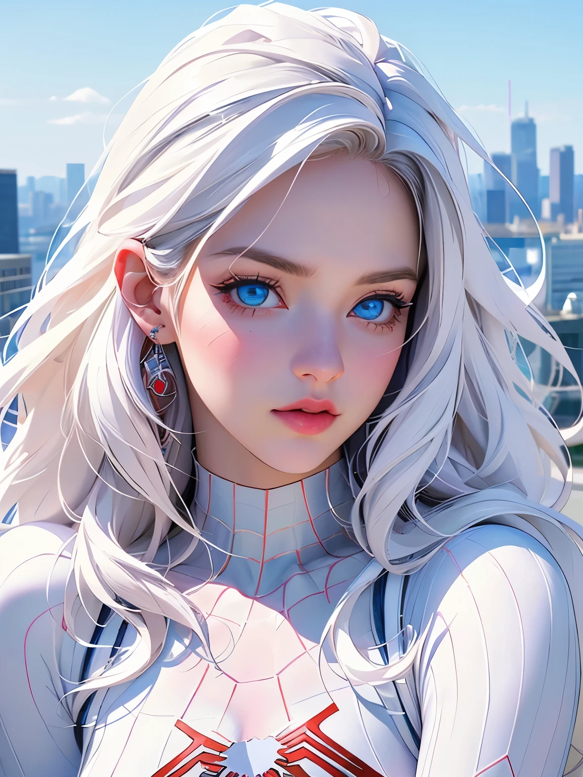 {{masterpiece、highest quality、(((Realistic、Realistic:1.37)))、8K quality}}, (White costume superhero theme, Charismatic, Girl on top of the city, Wearing a white Spiderman costume, Super Heroine), [((23 years old), (Long white hair:1.2), whole body, (blue eyes:1.2), (Spiderman&#39;s Dynamic Pose) ((shortage々New urban environment):0.8)| (Cityscape, at night, Dynamic Light), (full moon))]