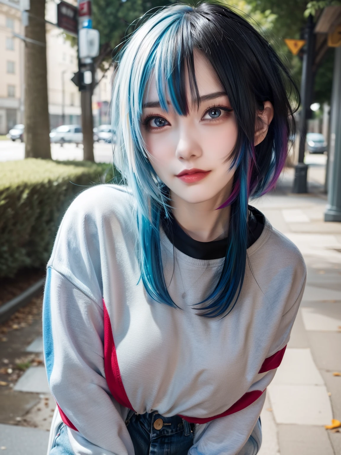 masterpiece, best quality, highly detailed,1girl, multicolored sweatshirt, emo hair, shy smile, messy hair, big breasts, adult, split-color hair, outdoors, blue hair