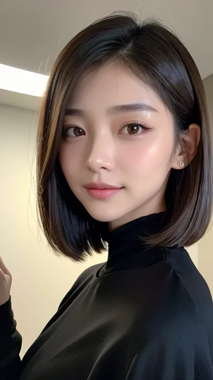 (((close-up of face)))、(((absolutely shoulder-length brown straight short bob)))、(((she is posing like a hair salon model, with ...