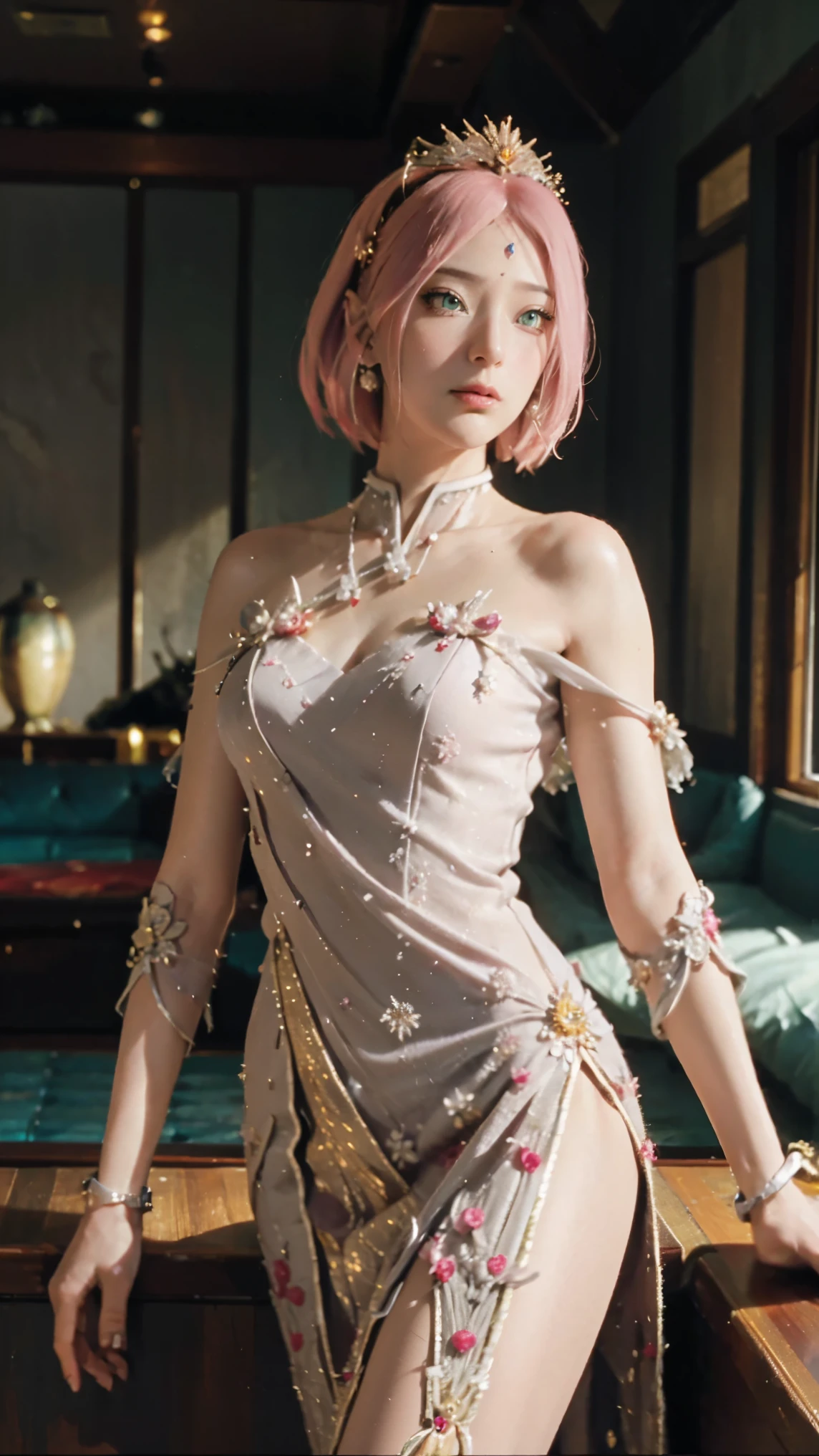 (best quality,4k,highres,masterpiece:1.2),ultra-detailed,realistic:1.37,beautiful and regal Javanese queen ,sakura haruno(boruto) ,dark and luxurious palace backdrop,beautiful detailed green eyes and face,long eyelashes,voluptuous and curvy figure,exquisite jewelry and accessories,ornate and intricate patterned textiles,dazzling crown and royal attire,golden light illuminating the scene,vibrant and vivid color palette,soft and ethereal lighting,confident and alluring expression,graceful and elegant pose,serene and majestic atmosphere,rich cultural elements and symbols,meticulously captured body contours,subtle and tasteful sensuality,endless attention to every detail,romantic and dreamlike ambiance,artistic interpretation of beauty,stylish and sophisticated composition.