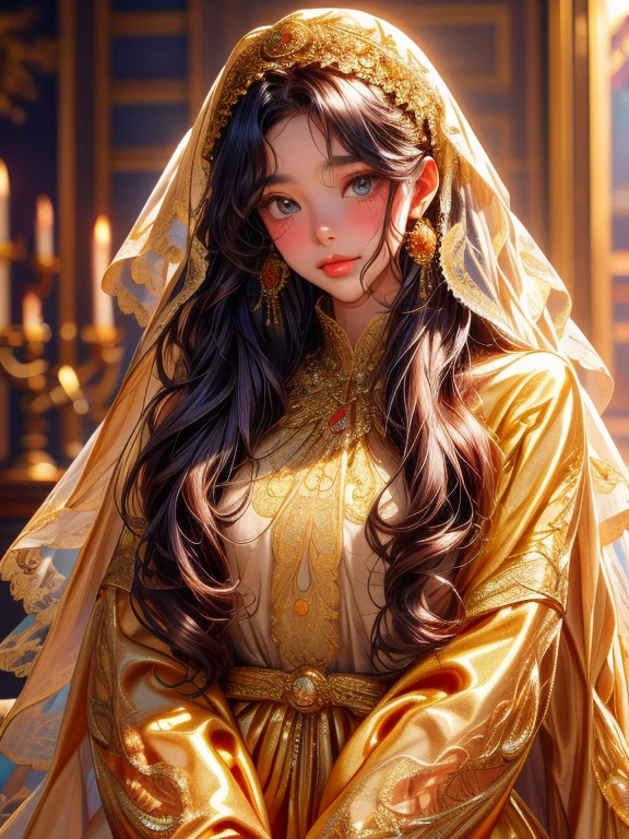 Supermodel with detailed long, curly, flowing hair, Dressed in golden clothes (Translucent and exquisitely embroidered) (Lace Face Veil) Cover your face, ((mouth is hidden)), wearing strange future fashion, Luxurious and exquisite gold accents, photograph, Exquisitely crafted, Created, Scrupulous, grow, Maximum details, Extremely beautiful, Bokeh, プロの写真photograph