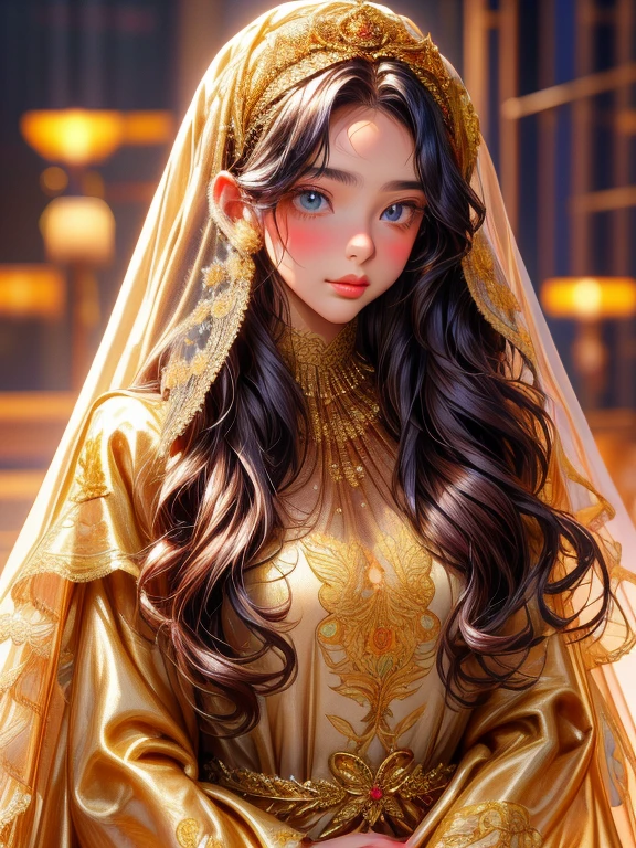 Supermodel with detailed long, curly, flowing hair, Dressed in golden clothes (Translucent and exquisitely embroidered) (Lace Face Veil) Cover your face, ((mouth is hidden)), wearing strange future fashion, Luxurious and exquisite gold accents, photograph, Exquisitely crafted, Created, Scrupulous, grow, Maximum details, Extremely beautiful, Bokeh, プロの写真photograph