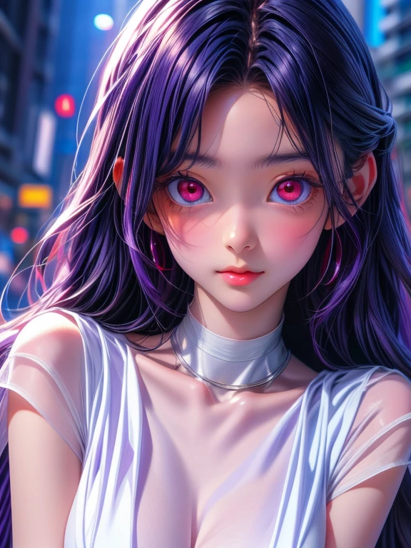 (highest quality: 0.8), Perfect anime illustration, Close up portrait of beautiful woman walking in city。Very long purple hair、Large Breasts、赤面したRed eyes。 (((Browsing Caution))) Transparent white dress、Neon night city、Ultra-detailed、Ultra-detailed顔、Bright Eyes、Galaxy in the eye、Disorganizedな4kフルHD、pixiv Top、Very well done、Red eyes、Download file、Huge areola、erection (Love Juice 1;4) Disorganized