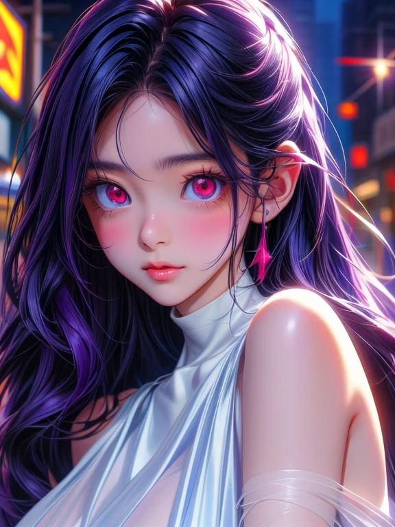 (highest quality: 0.8), Perfect anime illustration, Close up portrait of beautiful woman walking in city。Very long purple hair、Large Breasts、赤面したRed eyes。 (((Browsing Caution))) Transparent white dress、Neon night city、Ultra-detailed、Ultra-detailed顔、Bright Eyes、Galaxy in the eye、Disorganizedな4kフルHD、pixiv Top、Very well done、Red eyes、Download file、Huge areola、erection (Love Juice 1;4) Disorganized