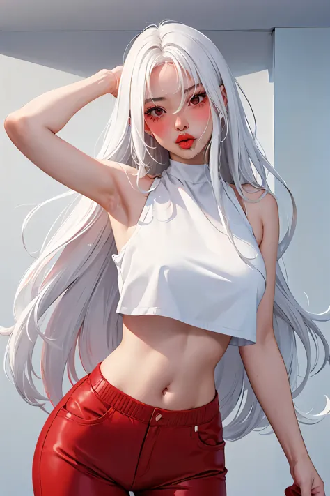 realisticlying、one girl, crop top,，Face enhancement，long hair, Blushing，Red lips, standing, cute clothes, Open your mouth wide、W...