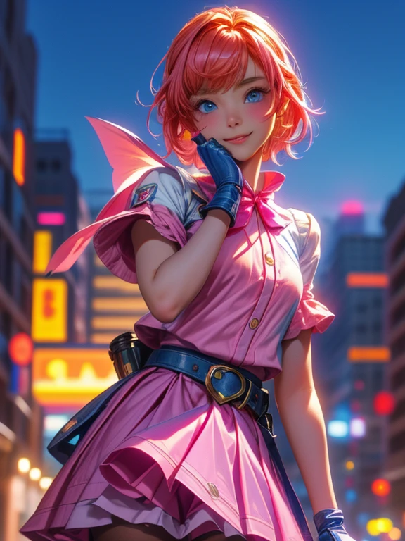 One girl,Cowboy Shot, Beautiful Nora_Valkyrie, View your viewers, smile, short hair, blue eyes,Heart Cutout, gloves,  Jacket, Pink Skirt, Pink Belt, Short sleeve, Puffy sleeves, One armband, fingerless gloves, Orange Hair, pink gloves, Dynamic pose, night, Outdoor, city, (Volumetric lighting), highest quality, masterpiece, Intricate details, Tone Mapping, Sharp focus, Super detailed, Trending on Artstation,