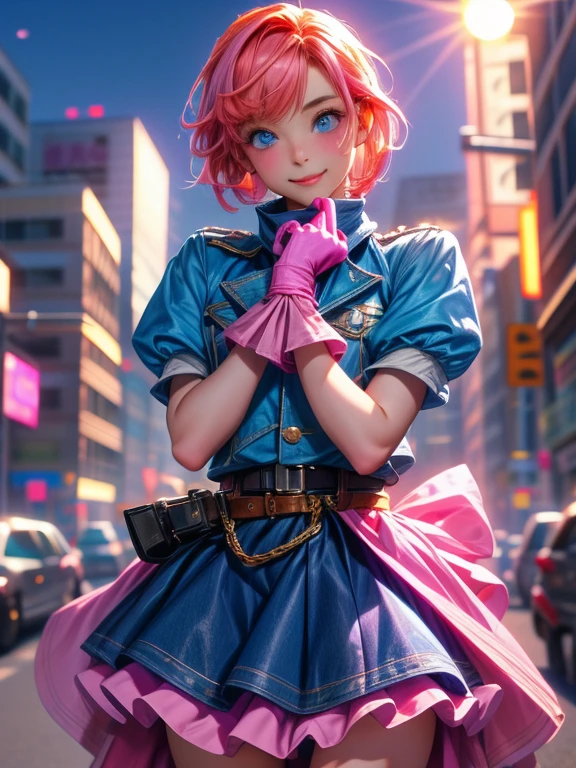 One girl,Cowboy Shot, Beautiful Nora_Valkyrie, View your viewers, smile, short hair, blue eyes,Heart Cutout, gloves,  Jacket, Pink Skirt, Pink Belt, Short sleeve, Puffy sleeves, One armband, fingerless gloves, Orange Hair, pink gloves, Dynamic pose, night, Outdoor, city, (Volumetric lighting), highest quality, masterpiece, Intricate details, Tone Mapping, Sharp focus, Super detailed, Trending on Artstation,