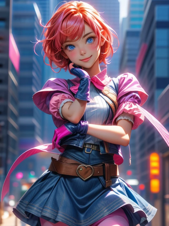 One girl,Cowboy Shot, Beautiful Nora_Valkyrie, View your viewers, smile, short hair, blue eyes,Heart Cutout, gloves,  Jacket, Pink Skirt, Pink Belt, Short sleeve, Puffy sleeves, One armband, fingerless gloves, Orange Hair, pink gloves, Dynamic pose, night, Outdoor, city, (Volumetric lighting), highest quality, masterpiece, Intricate details, Tone Mapping, Sharp focus, Super detailed, Trending on Artstation,