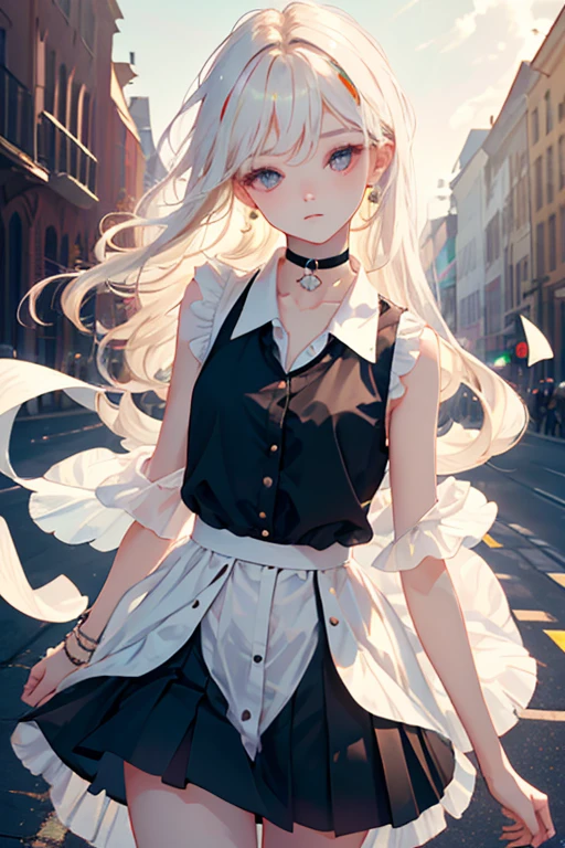 1girl, Sleeveless white buttoned shirt, Black skirt, Black Choker, cute little, (Kpop Idle), (attractiveness:1), (Platinum Blonde Hair:0.8), ((Puffy eyes)), tenderness, Irridescent color, (background: Rainbow), Look at the viewer, Facing the front, pose, (Delicate images), (Highly detailed), (high resolution), (Best quality), (masterpiece)
