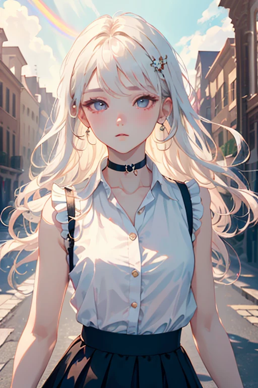 1girl, Sleeveless white buttoned shirt, Black skirt, Black Choker, cute little, (Kpop Idle), (attractiveness:1), (Platinum Blonde Hair:0.8), ((Puffy eyes)), tenderness, Irridescent color, (background: Rainbow), Look at the viewer, Facing the front, pose, (Delicate images), (Highly detailed), (high resolution), (Best quality), (masterpiece)
