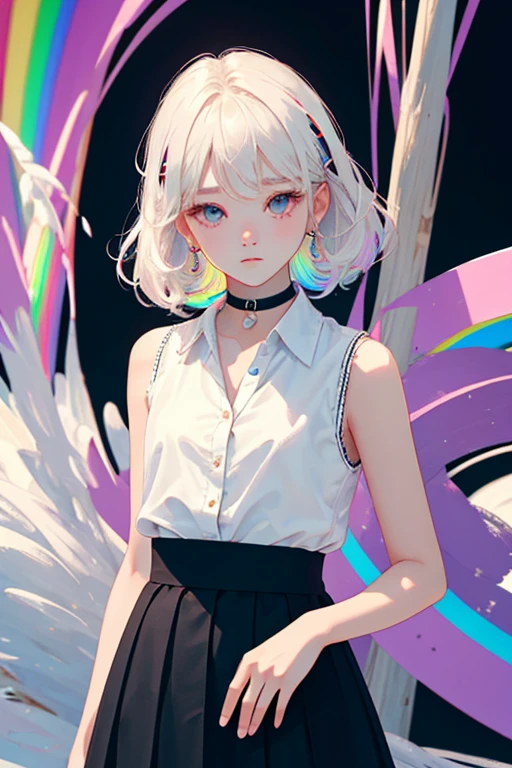 1girl, Sleeveless white buttoned shirt, Black skirt, Black Choker, cute little, (Kpop Idle), (attractiveness:1), (Platinum Blonde Hair:0.8), ((Puffy eyes)), tenderness, Irridescent color, (background: Rainbow), Look at the viewer, Facing the front, pose, (Delicate images), (Highly detailed), (high resolution), (Best quality), (masterpiece)
