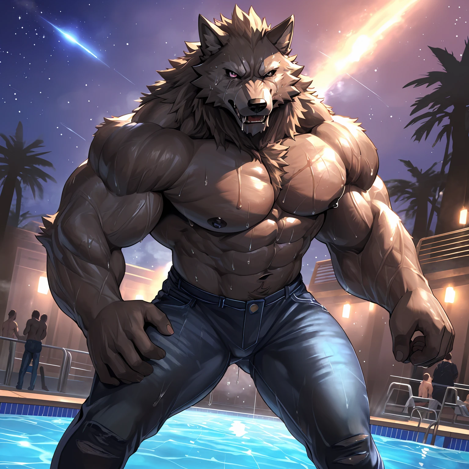 (highest quality:1.2), (masterpiece:1.2), anime, ultra detailed, angle from bottom, standing over viewer
, (Black and brown wolf:1.3), great physique,Strong arms, manly, bodybuilder, (Fine veins:1.5), (shine body:1.5)
, (Excessive sweating:1.7), (Sweat all over the body:1.7), (shirtless:1.5)
, (Wolf biting a human:1.5)

, Fine grain, (ultra detailed eyes:1.4), black sclera, brown pupil
, black tongue, A large amount of saliva, Tears dripping

, (tear jeans:1.9)
,From null-ghost, (Poolside:1.3), The background is a forest, The lost city lights, end:night、in the starry sky, (A lot of people are watching:1.7)
