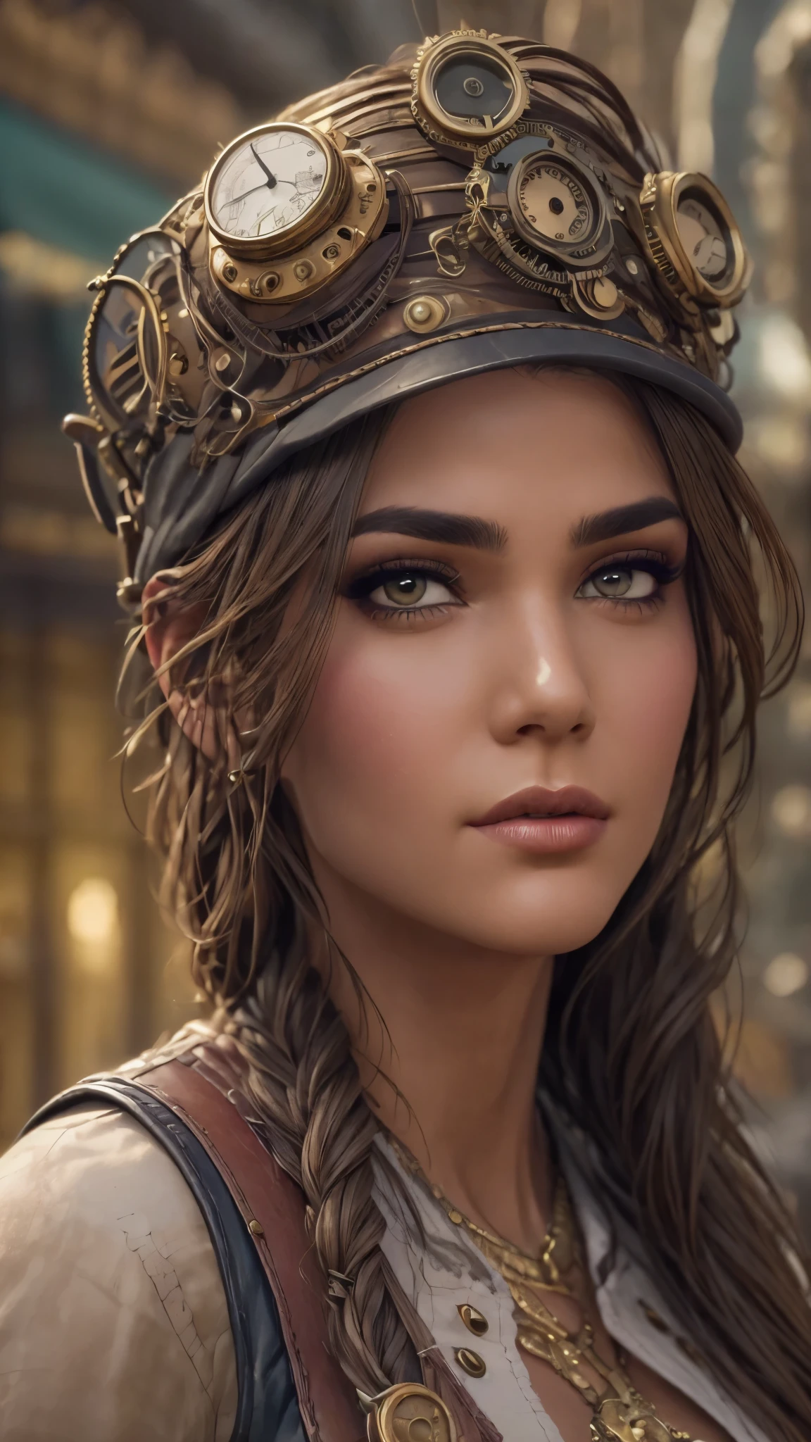 Columbian 19 year old girl, Kassandra, half body view, (front to camera), detailed european face, (aspiring facial expression), (((steampunk style close))), ((steampunk city on the background)), RAW, analog style, ultra detailed photograph, cinematic lighting, artstation, 4k, sharp focus, high resolution, detailed skin, detailed eyes,