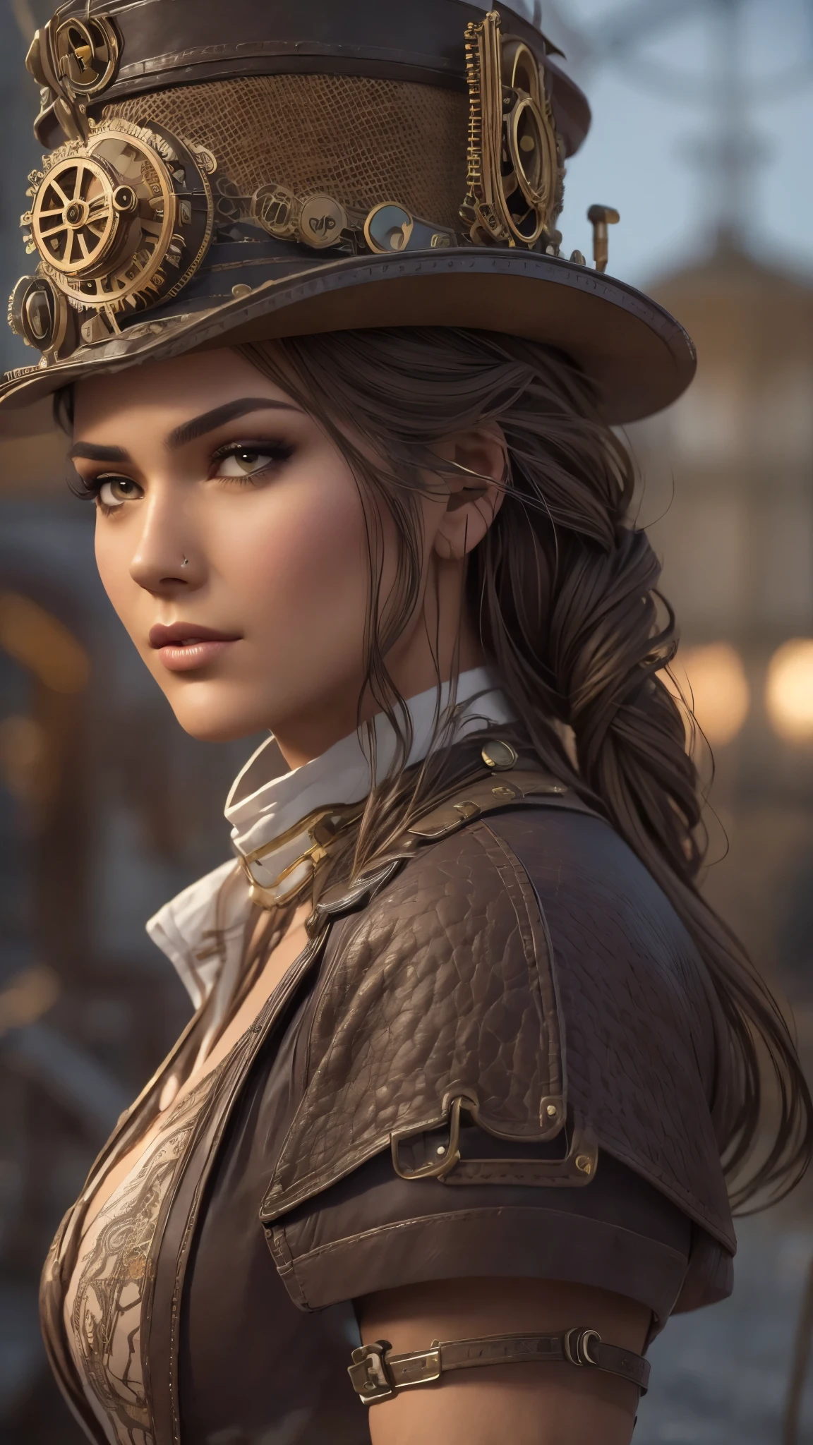 Columbian 19 year old girl, Kassandra, half body view, (front to camera), detailed european face, (aspiring facial expression), (((steampunk style close))), ((steampunk city on the background)), RAW, analog style, ultra detailed photograph, cinematic lighting, artstation, 4k, sharp focus, high resolution, detailed skin, detailed eyes,