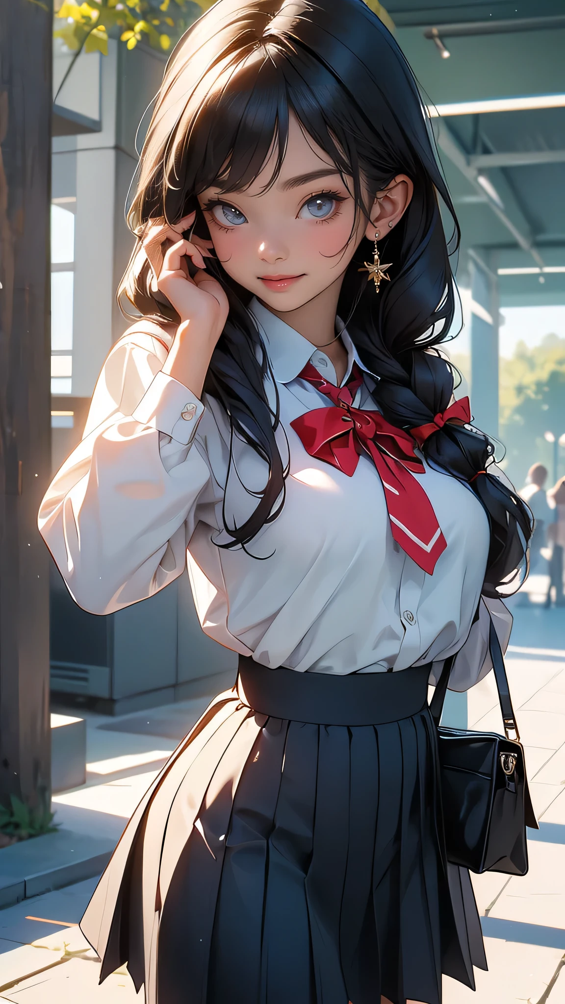 looking at viewer,high school girl,leaning forward,(random school uniform),(random Lively pose),(Thin type),(large breasts:1.2),(random hairstyle:1.2),(Highest image quality, (8K), Ultra-realistic, Best Quality, High quality, High Definition, high quality texture, high detailing, Beautiful detailed, fine detailed, extremely details CG, Detailed texture, realistic representation of face, masterpiece, presence),(wearing glasses:1.1)