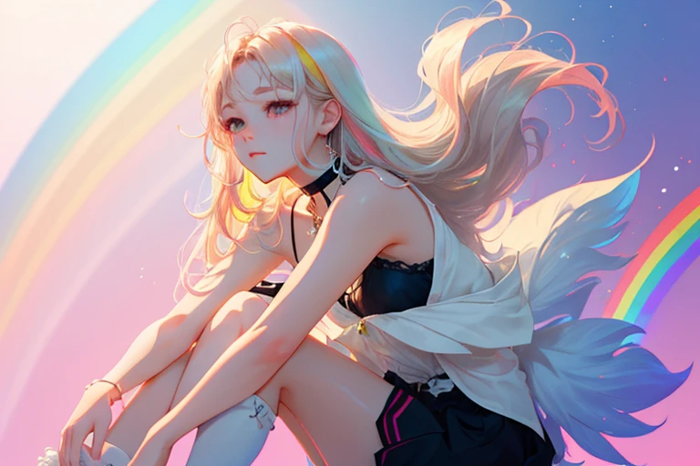 1girl, Black Choker, cute little, (Kpop Idle), (attractiveness:1), (Platinum Blonde Hair:0.8), ((Puffy eyes)), tenderness, Irridescent color, (background: Rainbow), sideways, sitting dynamic pose, (Delicate images), (Highly detailed), (high resolution), (Best quality), (masterpiece)
