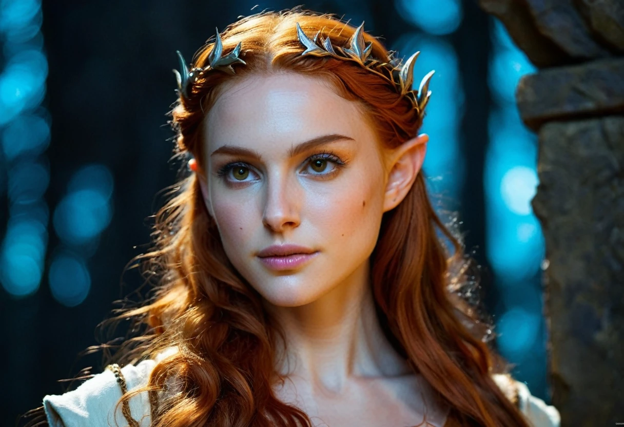 High quality closeup portrait photo of a ginger high elven princess with perfect lips and massive breasts, (illuminated by moonlight), Nikon Z9, skin texture visible, (sharp focus), (high quality), long luscious hair