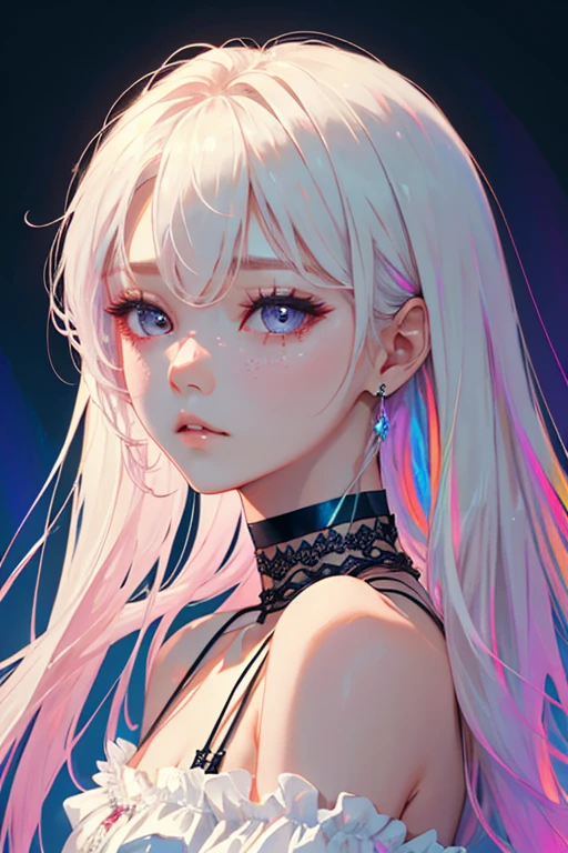 1girl, Black Choker, cute little, (Kpop Idle), (attractiveness:1), fashionable, (Platinum Blonde Hair:0.8), long hair, ((Puffy eyes)), beautiful detail eyes, dramatic, intense, Irridescent color, (background: Rainbow), sideways, sensual pose, full shot, (Delicate images), (Highly detailed), (high resolution), (Best quality), (masterpiece)
