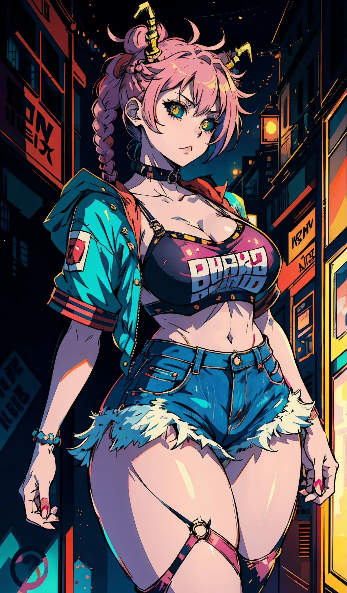 kyotopunk, cyberpunk, Anime-Stil, 1 Mädchen, Frau, punk bad girl, Kamelzehe, [:Wild, verführerisches Kostümdesign,:0.2], Bomben-Punk-Haar, Neon-Sonnenuntergang-Haare, U-Schnitt, Jeansrock, Bombenhaar, Neon-Purpur-Haar, Französische Zöpfe,Dreifach geflochtenes Brötchen, dicke Oberschenkel, schlanke Taille, japanisch